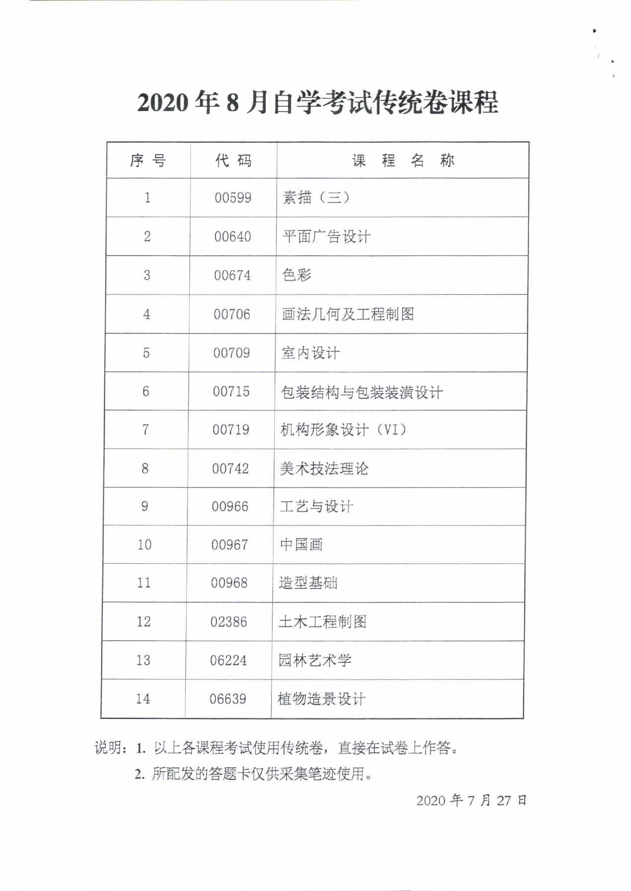 2020年8月自学考试专用答题卡课程 传统卷课程信息